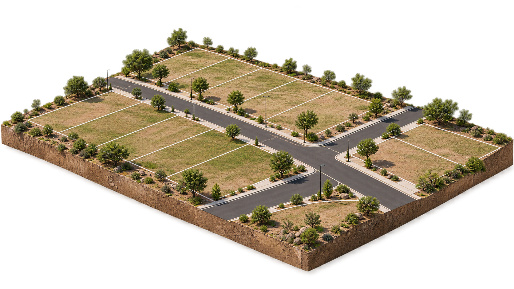 Diorama de un desarrollo de terrenos urbanizados